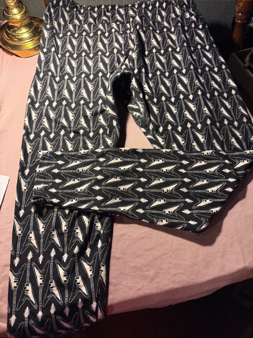 LuLaRoe Black Lounge Joggers with White Guitar Print